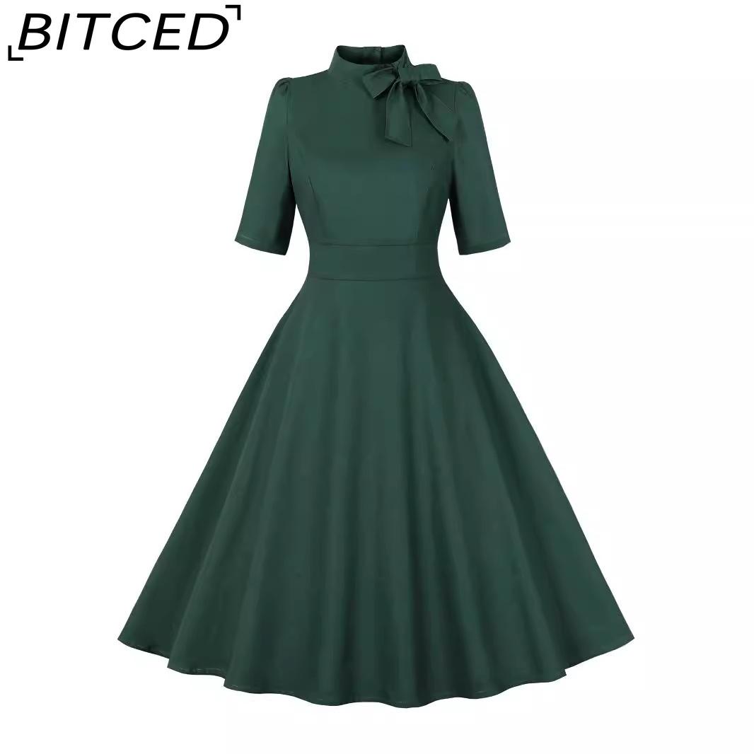 

BITCED Stand Collar Bow Tie Mid-Sleeve Solid Color Vintage Party Elegant Dress XXL темно-зелений колір