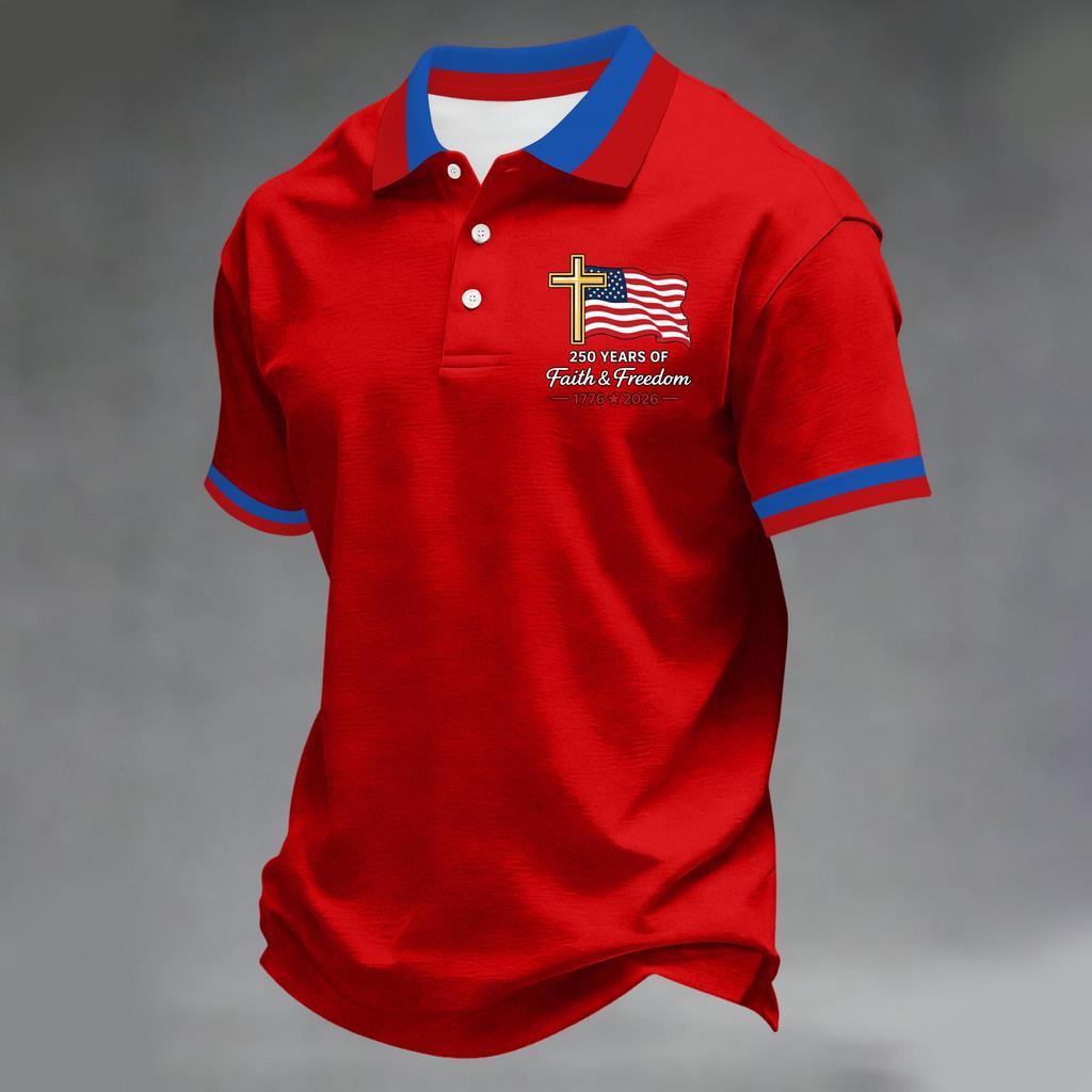 Herren Kurzarm-Polohemd mit Flaggen-Patch und Stickerei Klassische Passform Komfortables Design