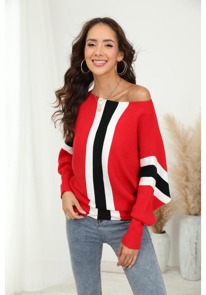 2023 Fall/Winter Women's Plus Size Ribbed Batwing Sweater - One-Shoulder Loose Striped Top