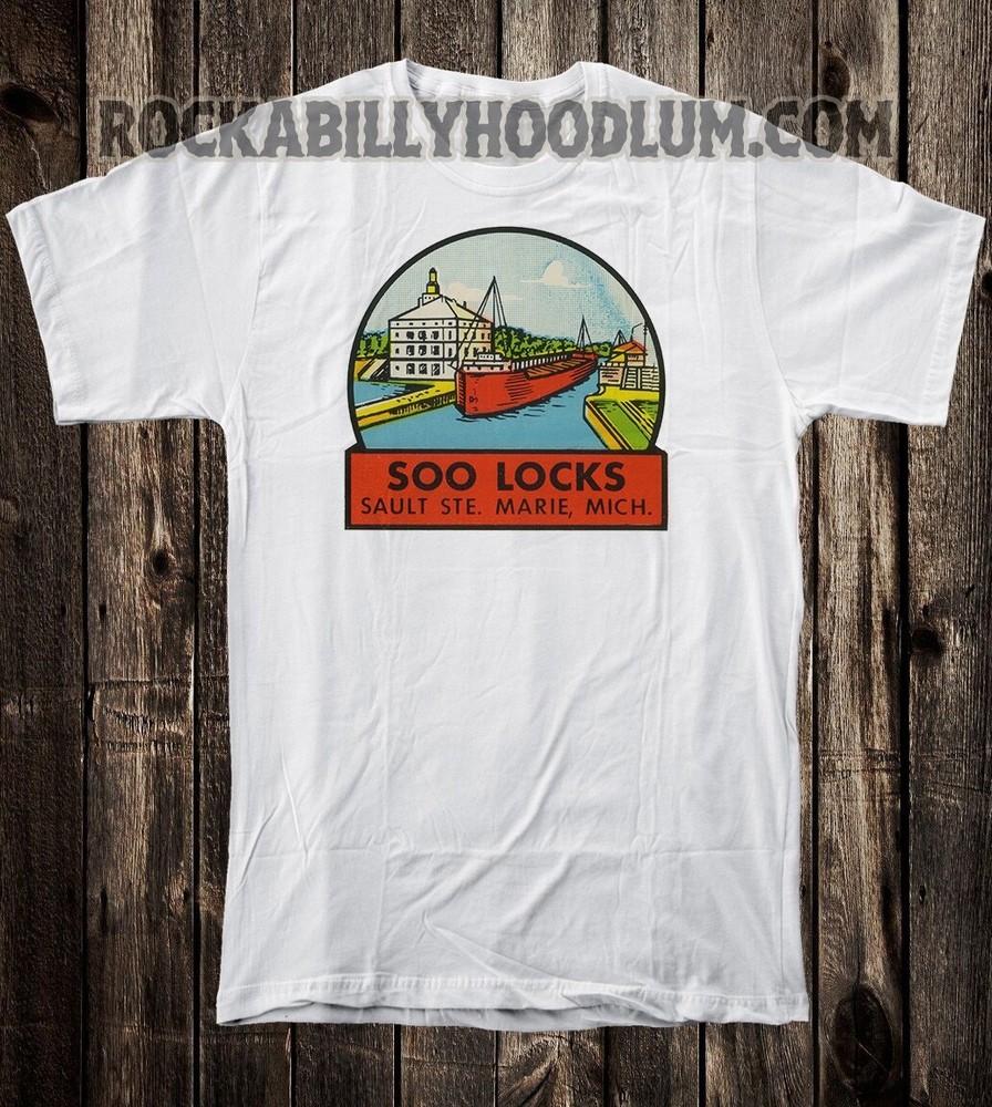 Retro Travel Tee T Shirt 100% Cotton Soo Locks Sault St marie Michigan Unisex T-Shirt