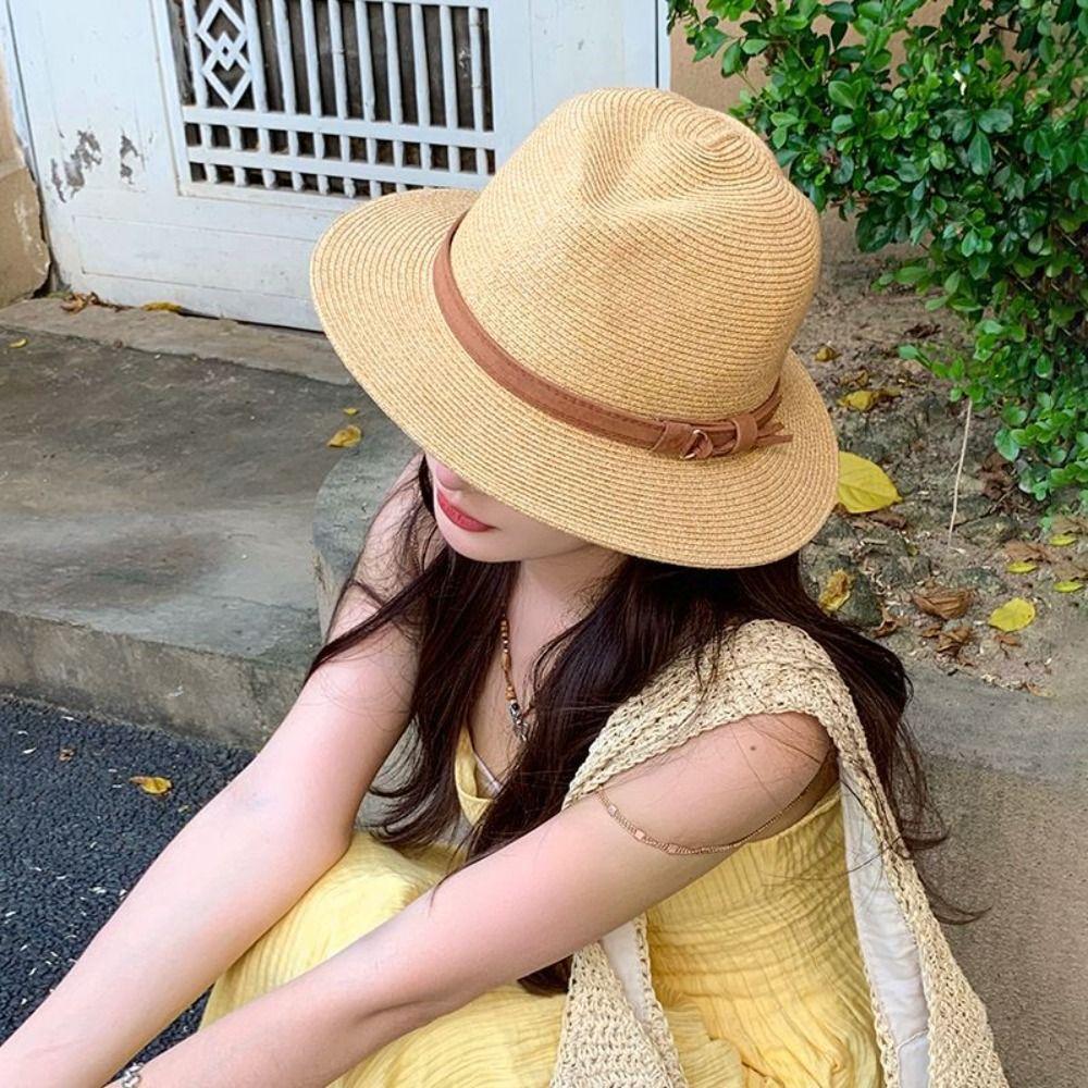 Summer Straw Woven Hat Wide Brim UV Protection Beach Panama Hat Soft Breathable Fedora Sun Hat