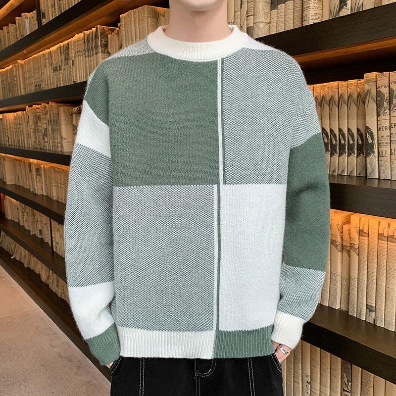 Autumn Winter New Fashion Temperament Patchwork Korean Sweaters Man Casual Loose Y2K Chic Male Tops Knitting Pullover Streetwear