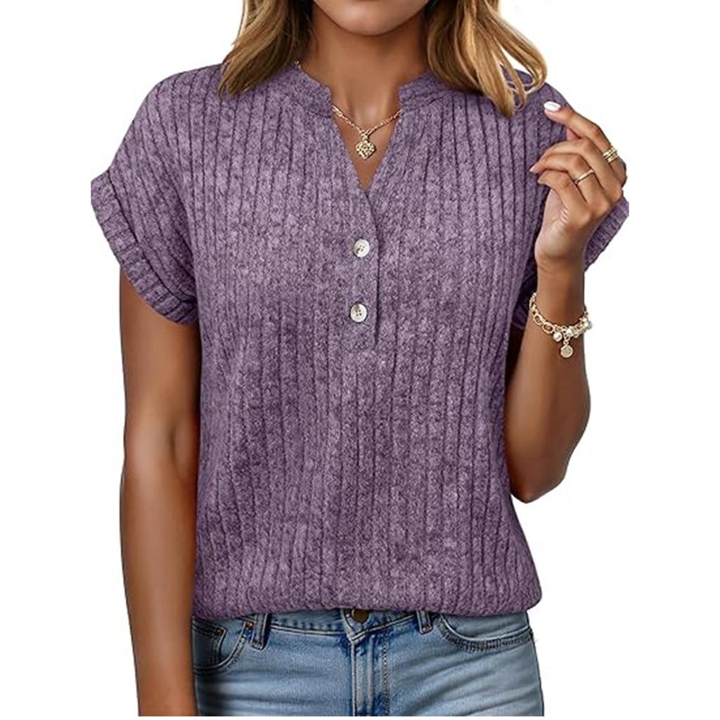Women's Casual Fashion New Short,Sleeved Button,Up V,Neck Top
