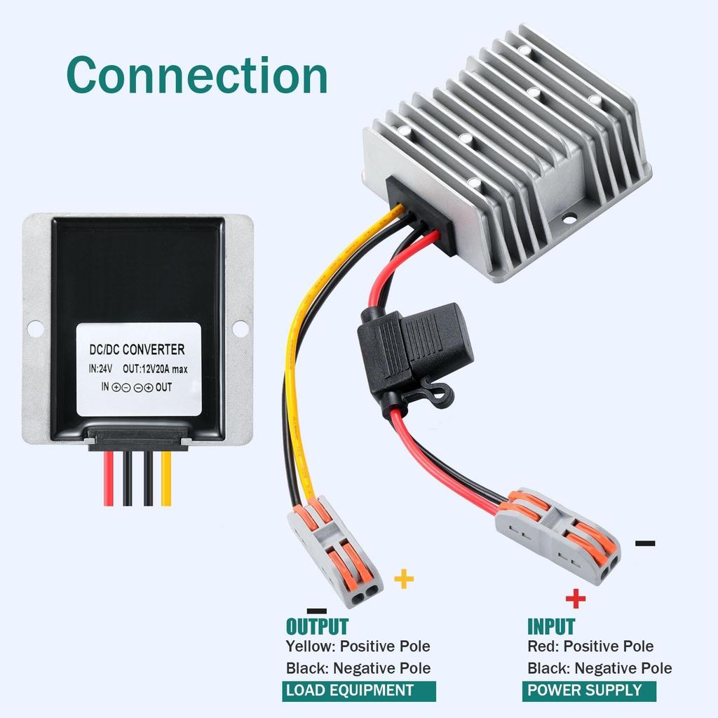 YBBOTT DC To DC 24V To 12V 20A 240W Voltage Car Power Short Circuit Waterproof Buck for Golf Cart Club Car Step-Down Converter, Converter, Protection,