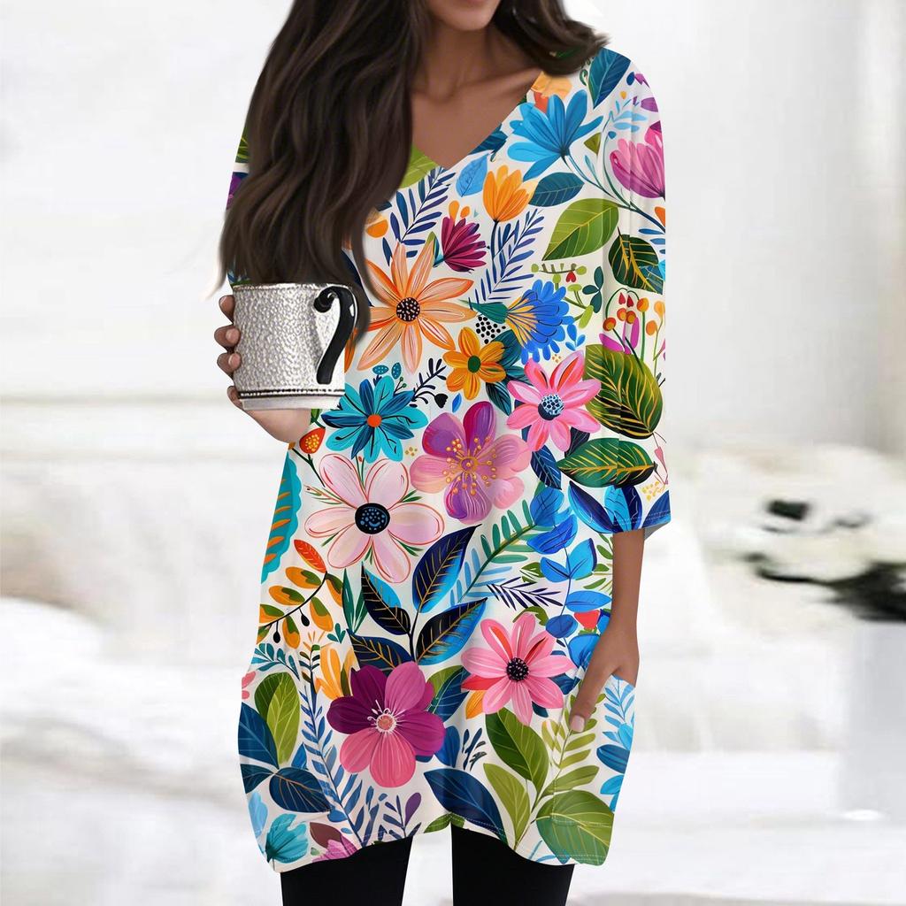 Damen Casual V-Ausschnitt 3/4 Ärmel Vintage Blumendruck Top