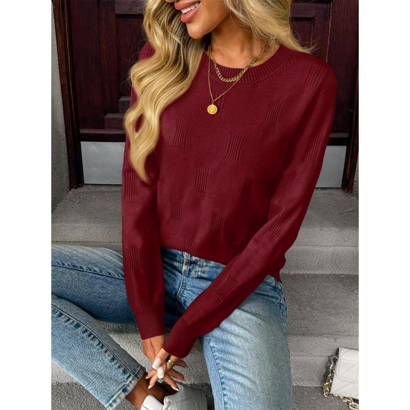 Women S Casual Knitted Pullover Sweater Round Neck Long Sleeve Solid Color