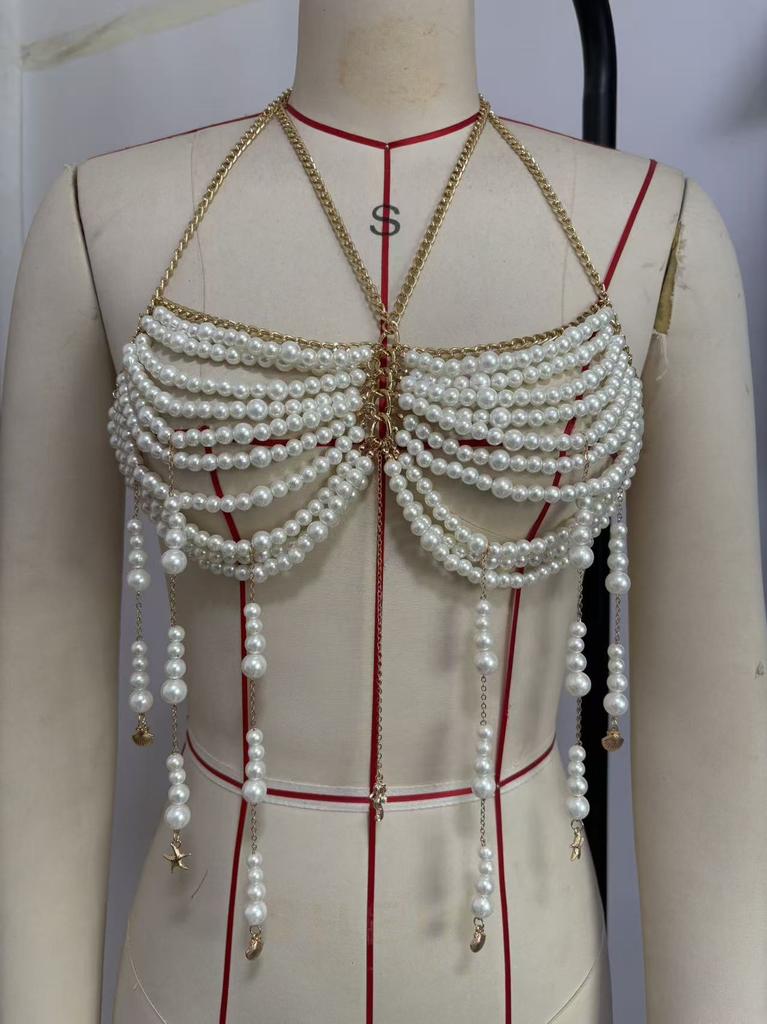 Pearl Beaded Choker with Tassel Neckline Vest Top