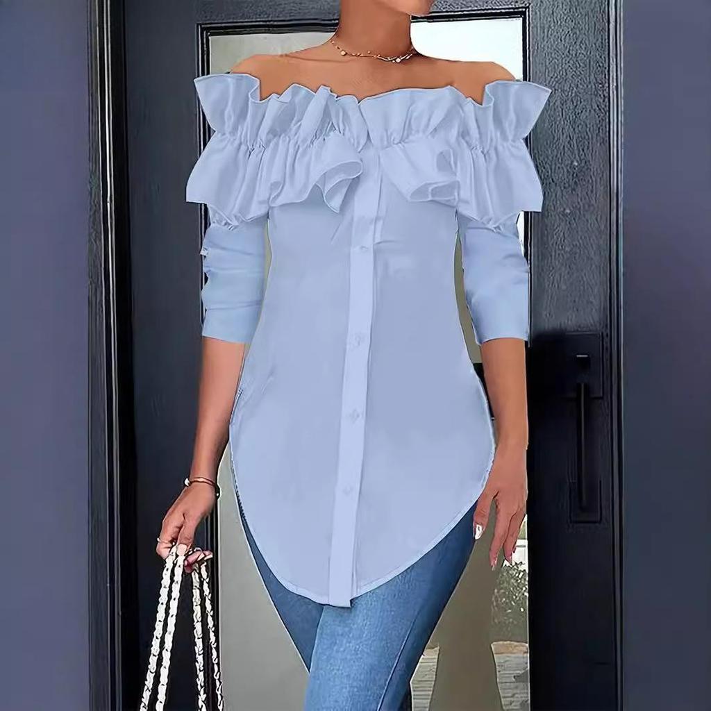 Camicette e camicie monospalla a maniche lunghe con stampa tinta unita, casual, primavera-autunno, da donna