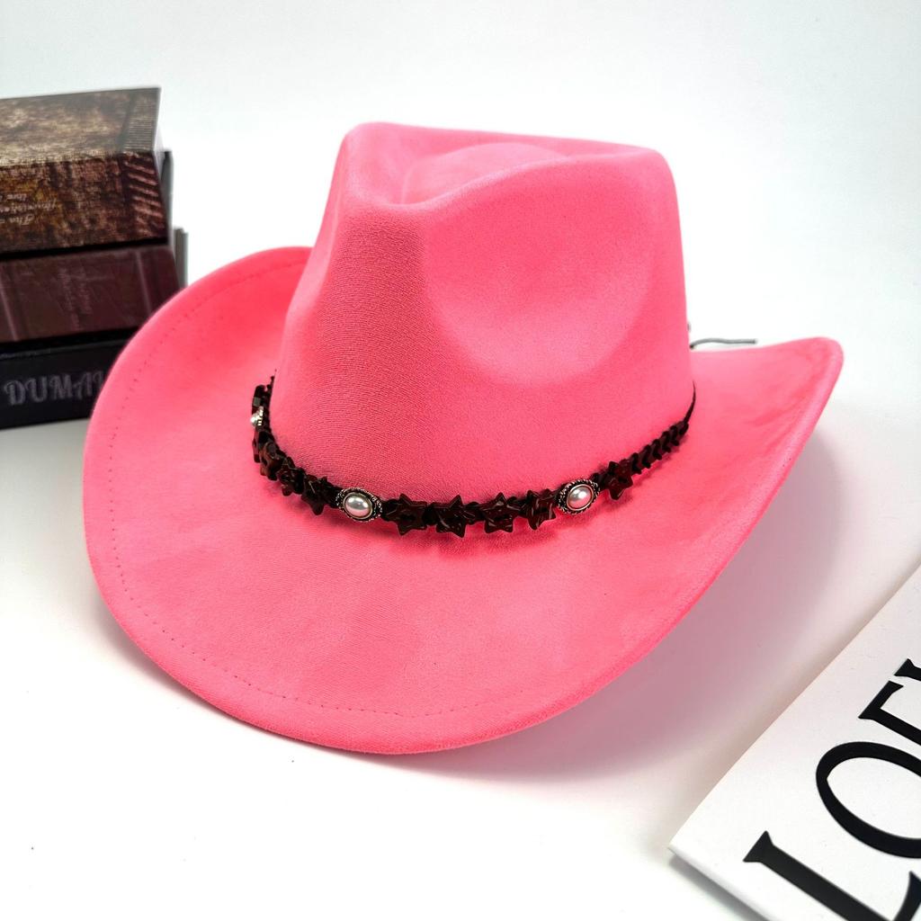 Western Cowboy Hat Women'S Wool British Suede Pearl Accessories Peach Heart Top Hat