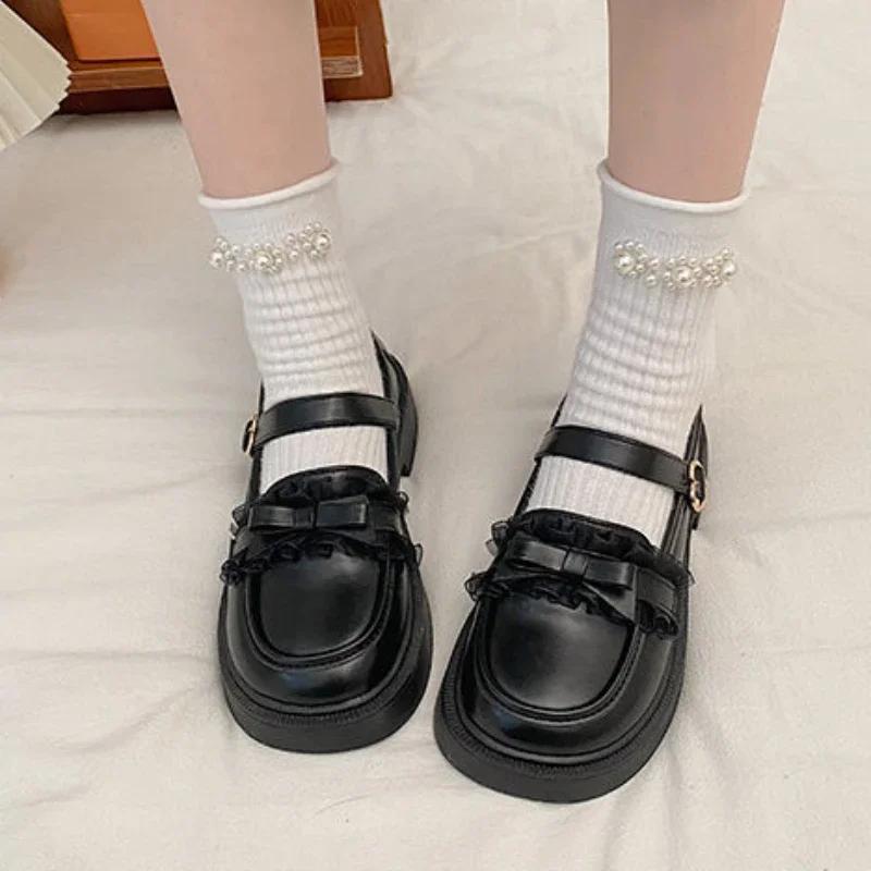 2024 Hot Sale Ladies Shoes One-word Buckle Women's Pumps Autumn Round Toe Solid Butterfly-knot Chunky Heels Mary Jane Pumps