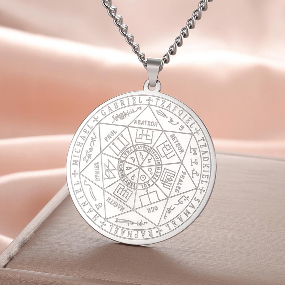Dawapara Seven Archangels Necklace Seal Michael Coin Pendant Protection Amulet Spiritual Stainless Steel Jewelry