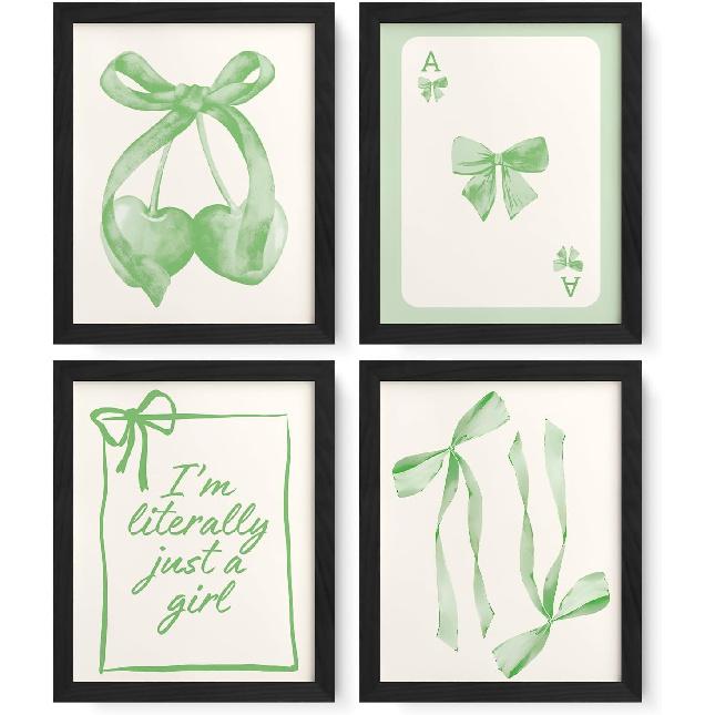JXREQ Кокетливый Модный Черный Бант Настенный Декор, Черно-Вишневые Банты Постеры Настенные Отпечатки Набор из 4 шт., Кокетливый Преппи Декор Комнаты для Девочки-Подростка Колледжа зелёный