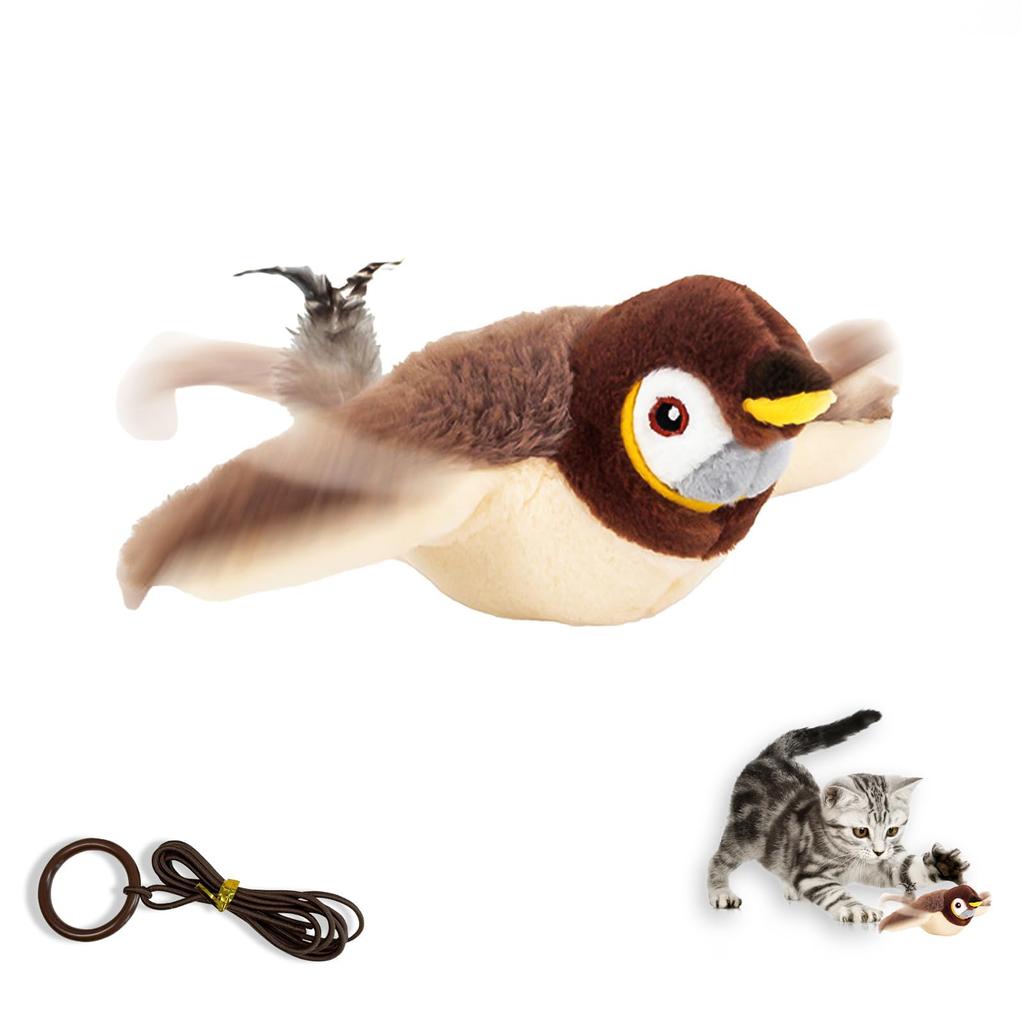 Hop-hop-hop Bird Cat Toy, Electric Flying Bird with Sound, Flapping Wings, USB Rechargeable, Popular Cat Toy, Dog Toy, Includes Extension Rope