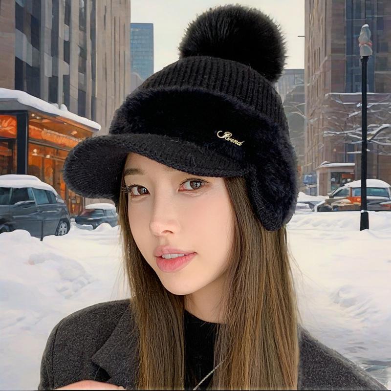Stitching mink fleece ear protection rabbit fur baseball cap fashion solid color simple fur ball knitted hat
