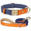 Personalized Dog Collar Leash Set Nylon Leather Dogs Necklace Customized Pet ID Tag Collars 5ft Walking Lead Rope For Dogs Pug