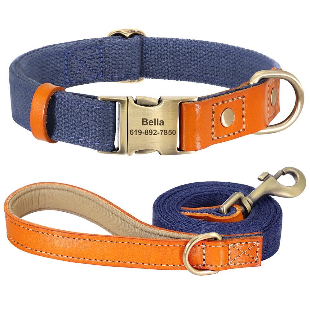Personalized Dog Collar Leash Set Nylon Leather Dogs Necklace Customized Pet ID Tag Collars 5ft Walking Lead Rope For Dogs Pug