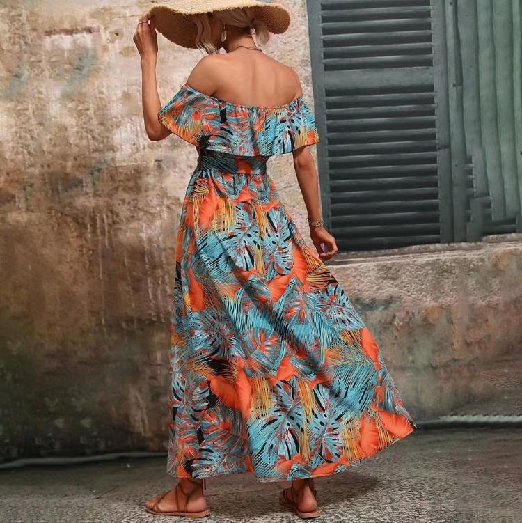 Women Summer Casual One Shoulder Sleeveless Flower Print Dress High Waist A-Line Belt Slit Ankle-Length Collar Dresses Spring