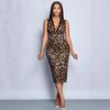 Shenxun Leopard Print Sleeveless High-waisted Halter Top with Deep V-neck Dress