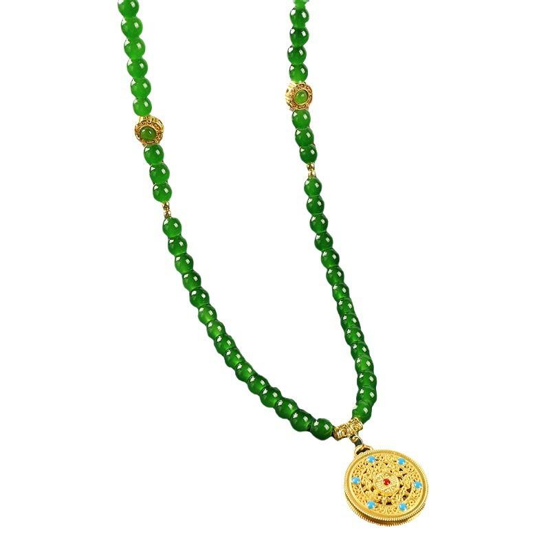 Green glazed agate beaded retro sand gold necklace long sweater chain antique cheongsam accessories women