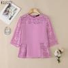 ZANZEA Women Casual Lace Crochet Splice 3/4 Sleeve Loose Blouse