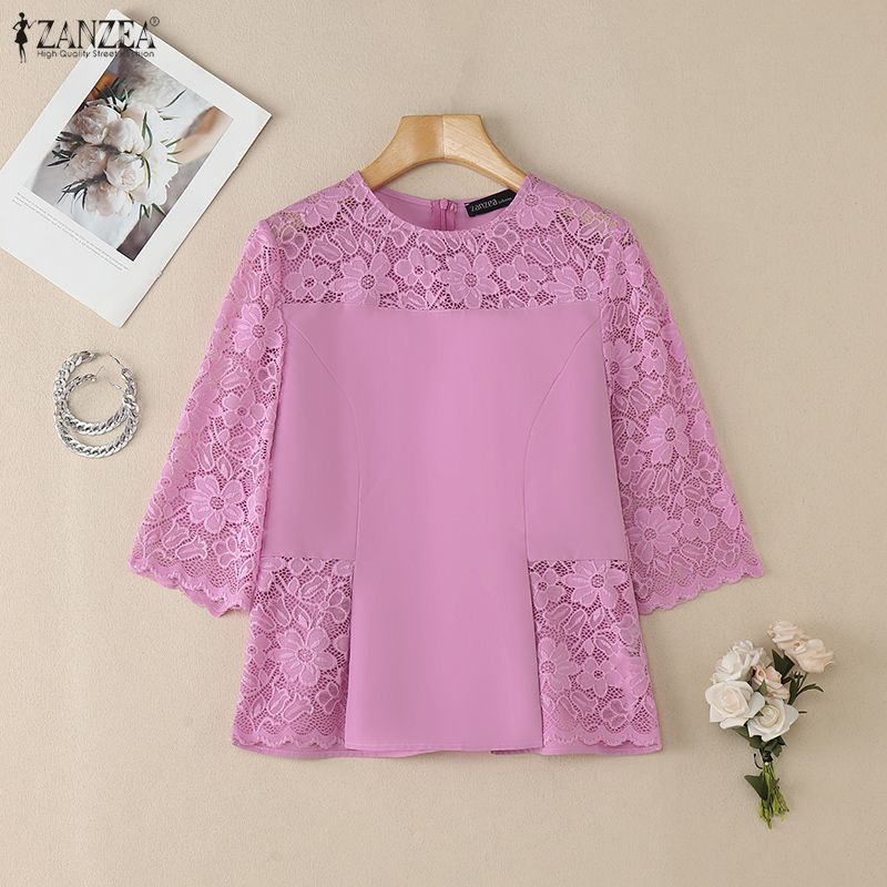 ZANZEA Women Casual Lace Crochet Splice 3/4 Sleeve Loose Blouse