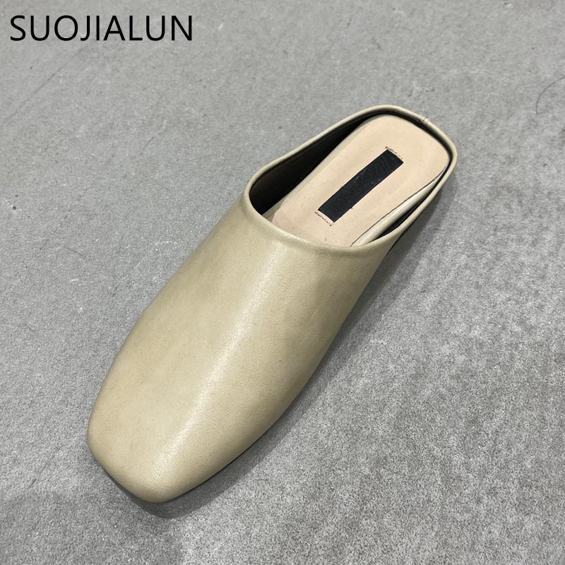 Mode SUOJIALUN Sommer Flacher Absatz Damen Slipper Mode Damen Lässig Runde Zehenpartie Slip-On Pantoletten Schuhe Outdoor Weiches Leder Sandalen Slides