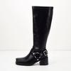 European and American Fashion Square Toe Belt Buckle Thick Heel High Heels Black Leather Face High Top Boots for Women