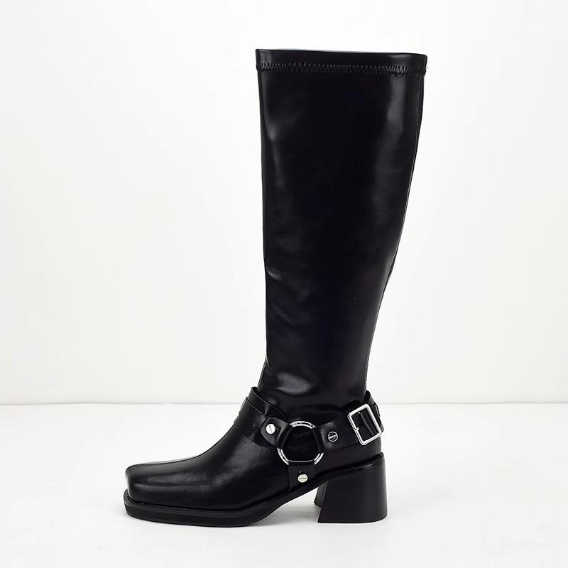 European and American Fashion Square Toe Belt Buckle Thick Heel High Heels Black Leather Face High Top Boots for Women