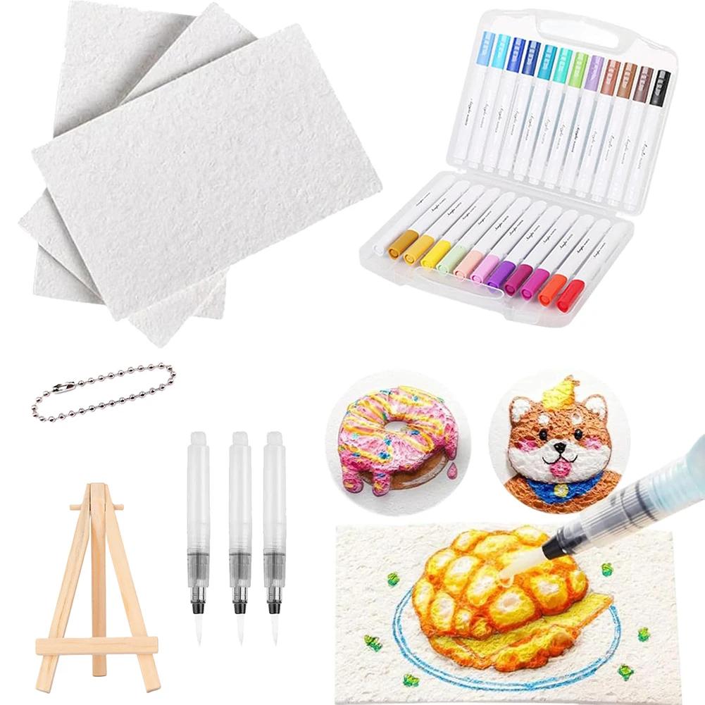 Magic Puffy Paint Art 3D Drawing Magic Canvas Sponge with 10 Foam Paint Paper and 12 Markers and 3 Soft Tip Water Storage Brush