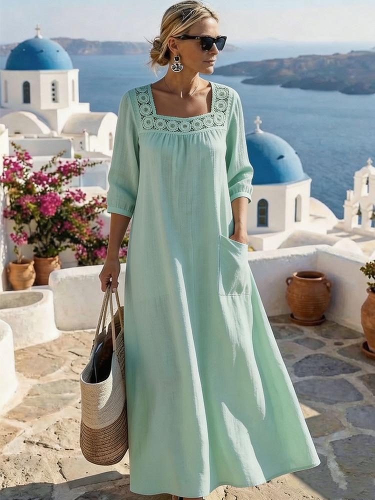 Casual Square Neck Three Quarter Sleeve Solid Color Womens Loose Long Maxi Dress