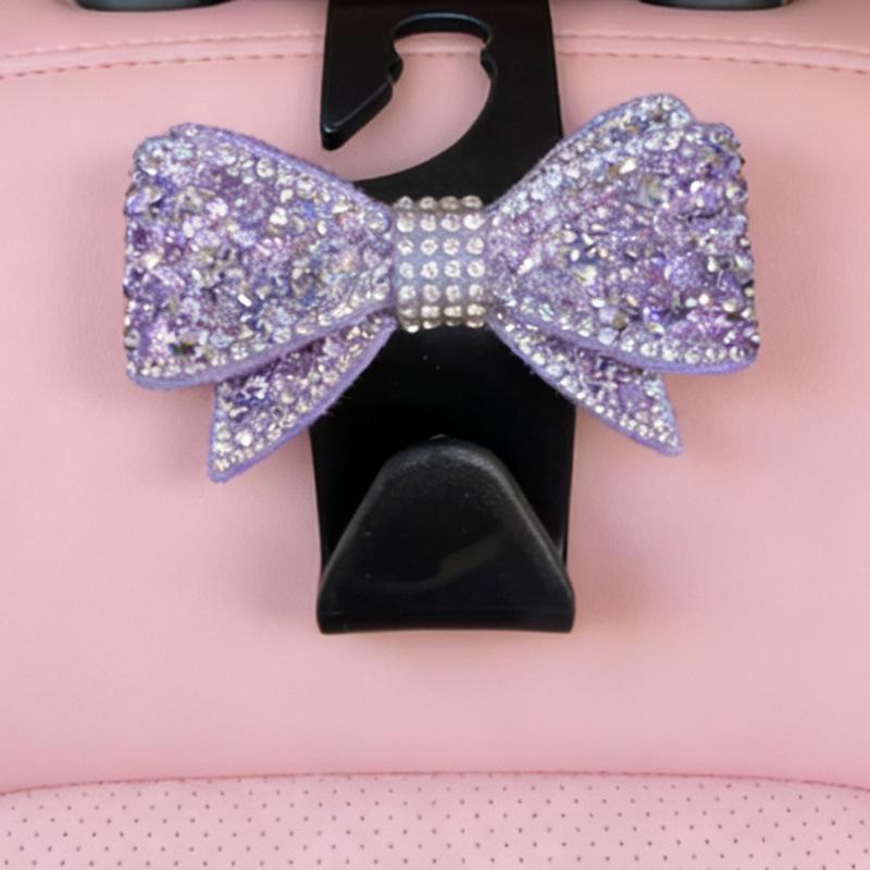 Car Headrest Hooks Shiny Rhinestone Bow Ornament Super Load Bearing Sturdy Universal Auto Hangers for Groceries Handbags Clothes