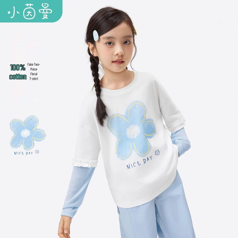 Xiaoyinman Girls  Floral Print Faux Two-Piece Long Sleeve T-Shirt 130