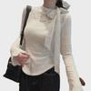White Lace Bow Long-Sleeve T-Shirt - Elegant Autumn Style for Women