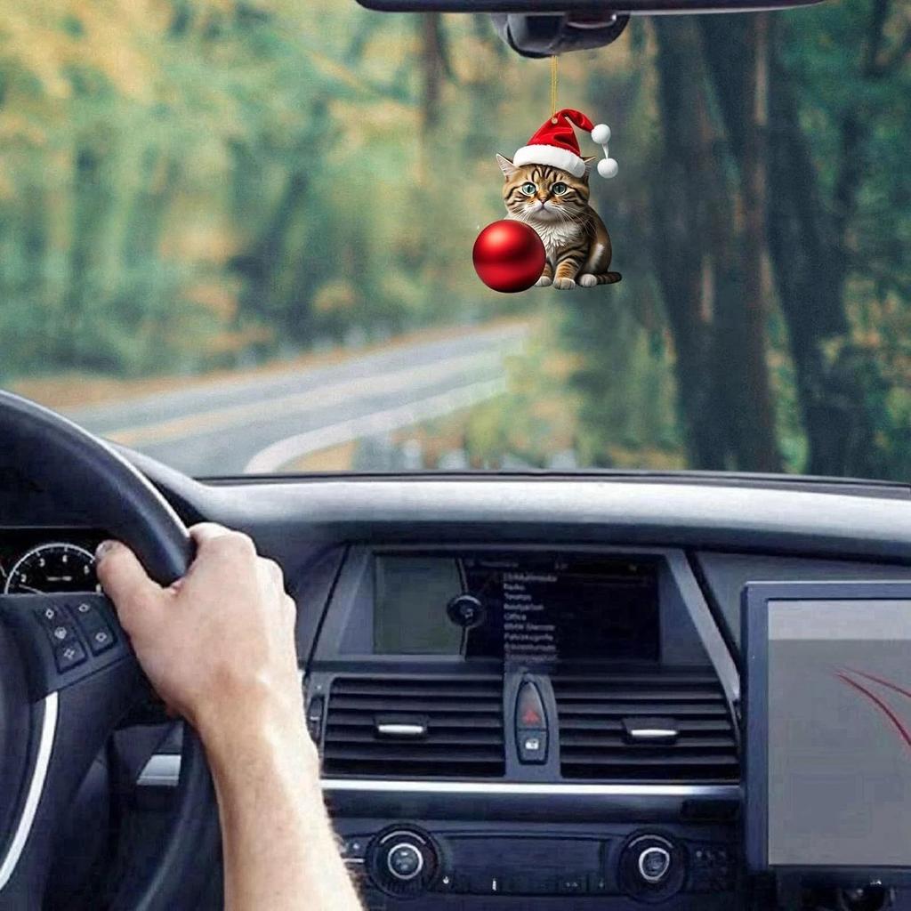 1-10PCS Christmas Acrylic Car Hanging Ornament Cat Santa Hat Tree Pendant Holiday Home Decoration Xmas Party Supplies