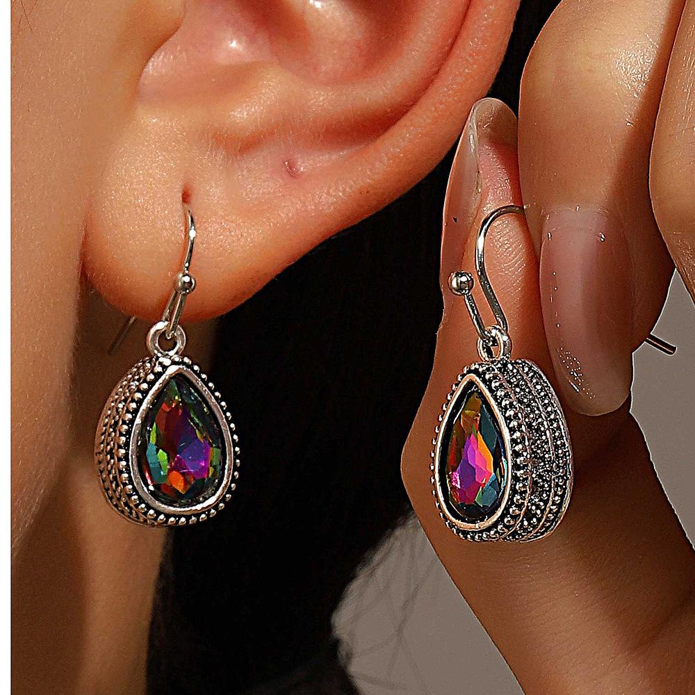 New retro colored water drop crystal earrings, bright and versatile women's earrings, popular temperament earrings wholesale