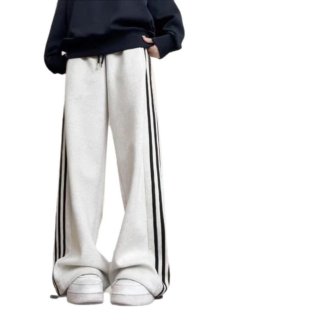 2025 Petite High-Waisted White & Gray Striped Wide-Leg Sweatpants - Autumn/Winter