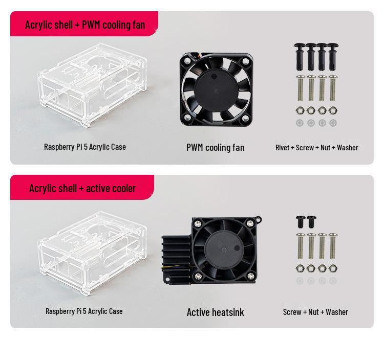 Raspberry Pi 5 Transparenter Acryl-Case mit PWM-Lüfter, Kühlkörper & Kameraschutz