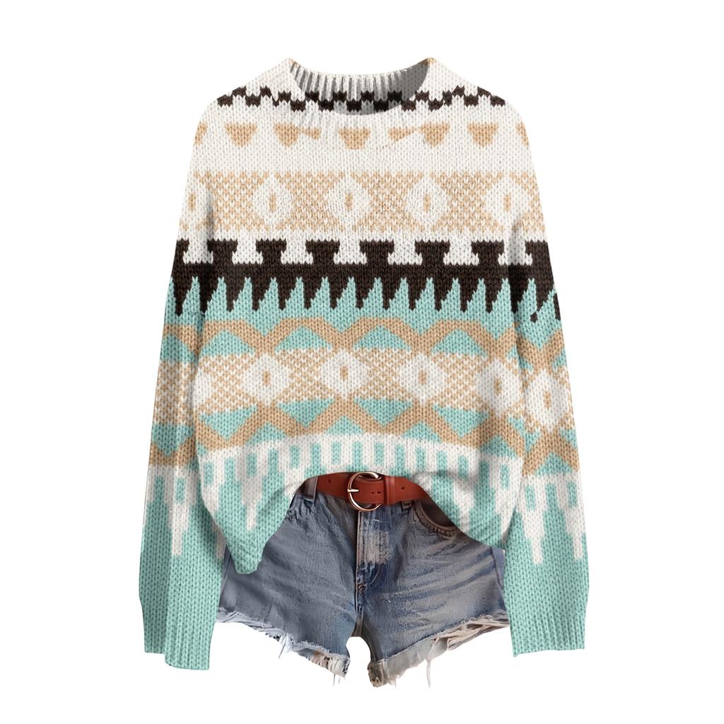 Women's Fashion Soft Long Sleeve Printed Neck Pullover Sweater for Fall Winter