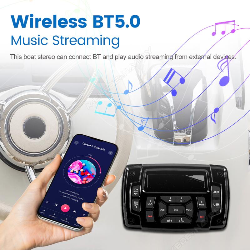Marine Stereo Boat Radio FM AM Digital Media Audio IP66 Waterproof MP3 Player for Yacht Gauge ATV UTV Cart 4*50W Wireless BT5.0