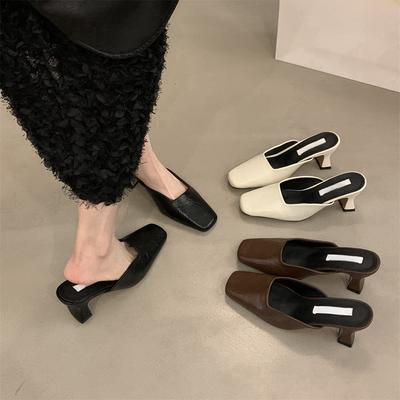 Temperament High-heeled Bag Head Half Slippers Outer Wear Women's Shoes Spring and Summer Thick Heels Are Not Tired Feet Shallow Single Shoes