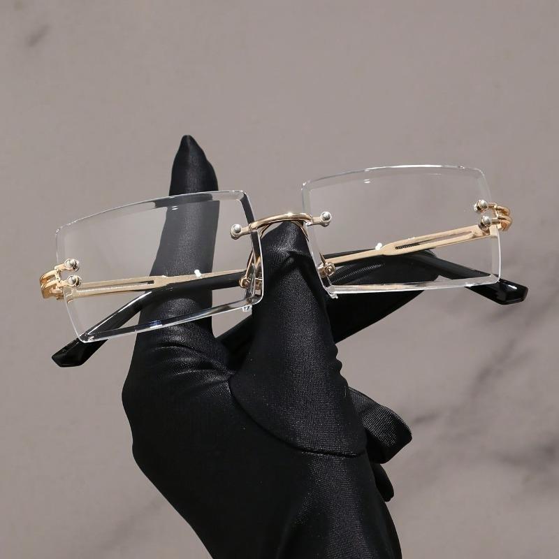 2PCS Ladies' Fashionable Square Frameless Metal Frame Glasses Trendy Transparent Lens Glasses