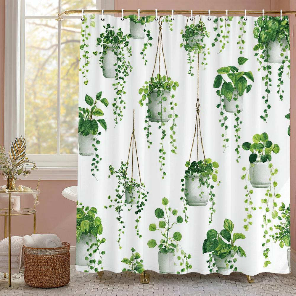 Green leaf plant Shower Curtain, Bathroom Decorative Shower Curtain, Waterproof Shower Curtain with Hooks