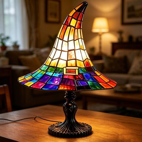 Stained Glass Witch Hat Lamp, USB Powered Resin Night Light, Gothic Halloween Table Lamp for Bedroom Bookshelf Mantel Party Decor