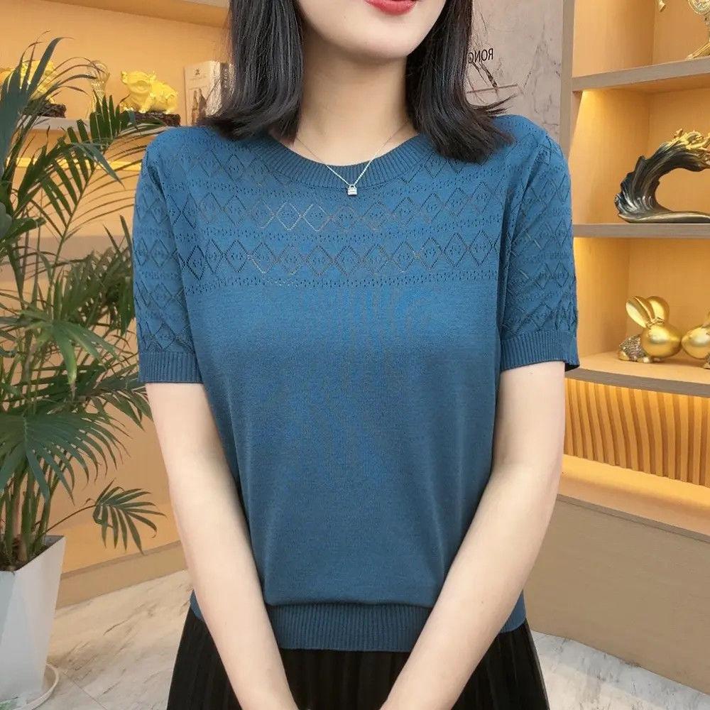 Summer Women's Round Neck Knitted T-shirt Thin Loose Short Slimming and Hollowed Out Top