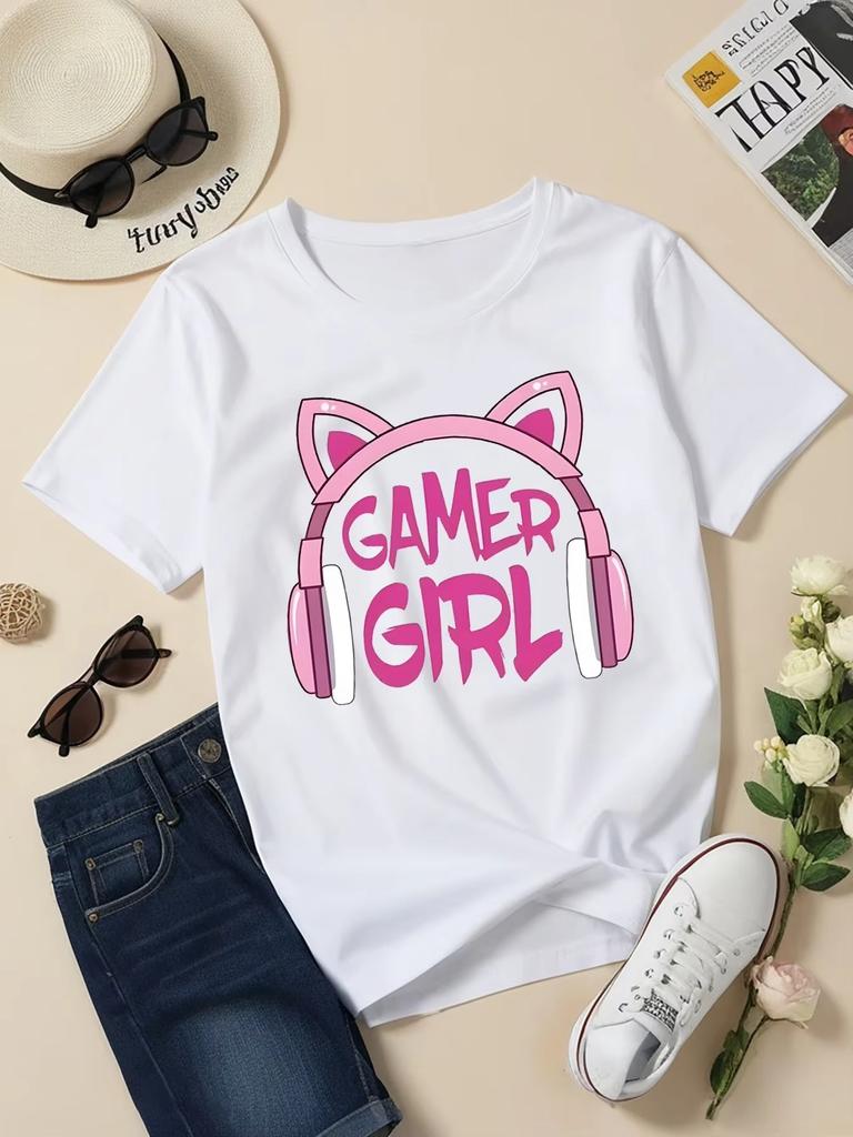 Gamer Girl Creative Printed Sleeve T-Shirt for Girls Stylish Print Casual Children Summer Top Clothing Round Neck Short