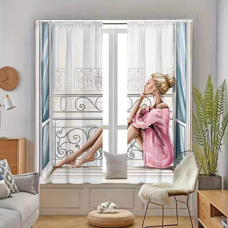2 Pcs 2 Pcs Balcony Girl Print Curtains,suitable for Bedroom,living Room Kitchen Decoration,home Decoration,window Decoration