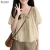 ZANZEA Women Lace Splice Square Collar Casual Short Sleeve Blouse
