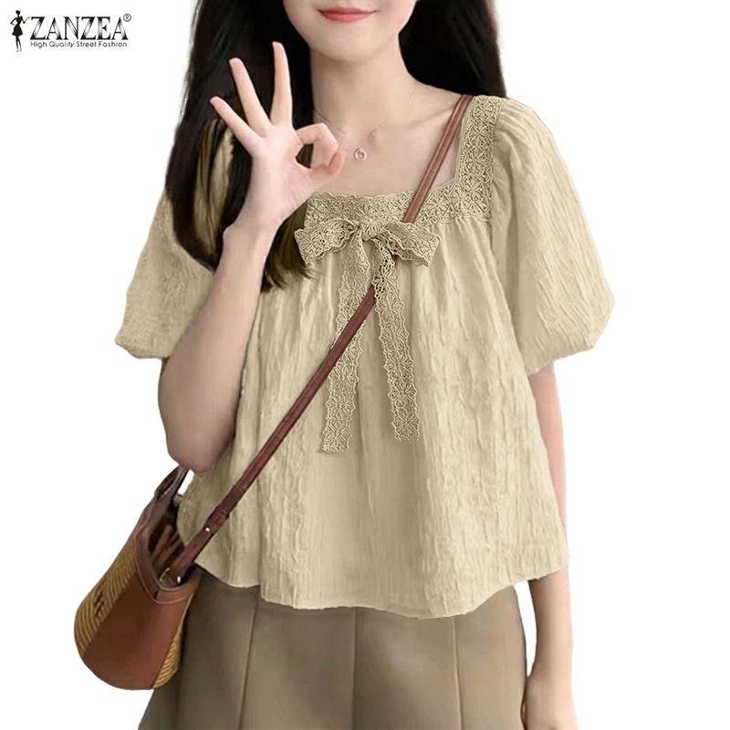 ZANZEA Women Lace Splice Square Collar Casual Short Sleeve Blouse