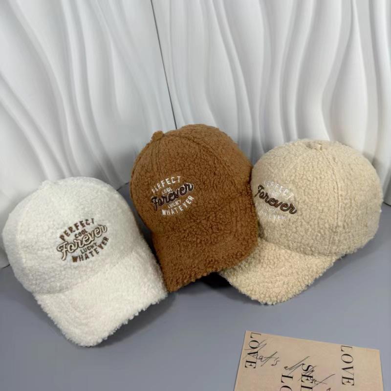 Cozy Plush Embroidered Letter Baseball Cap for Women - Warm, Versatile Winter Hat In Black
