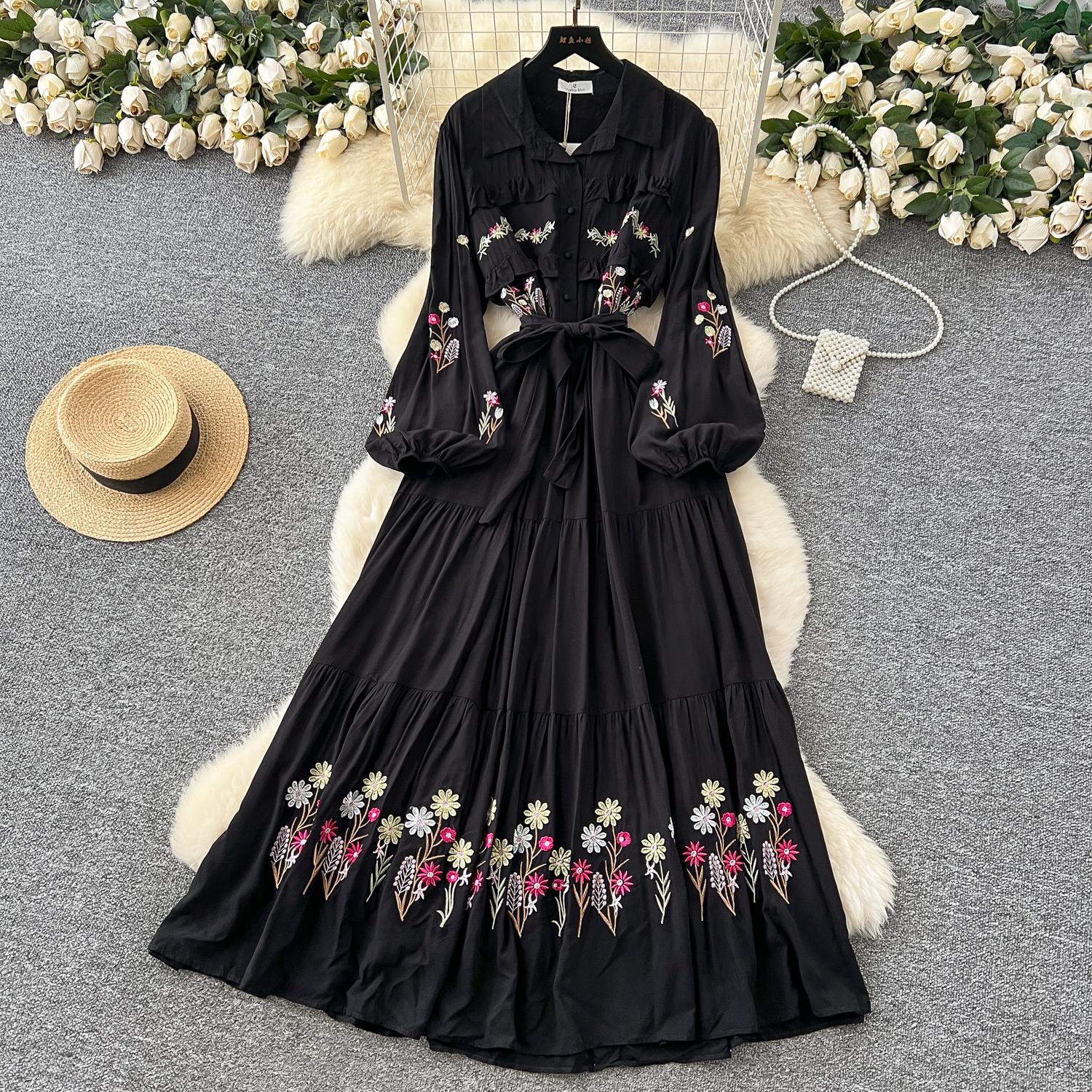 

Винтажное сексуальное платье с длинным рукавом, вышивкой, шнуровкой и пуговицами, шикарные пляжные платья в стиле фейрикор для отпуска, женская одежда One Size чёрный